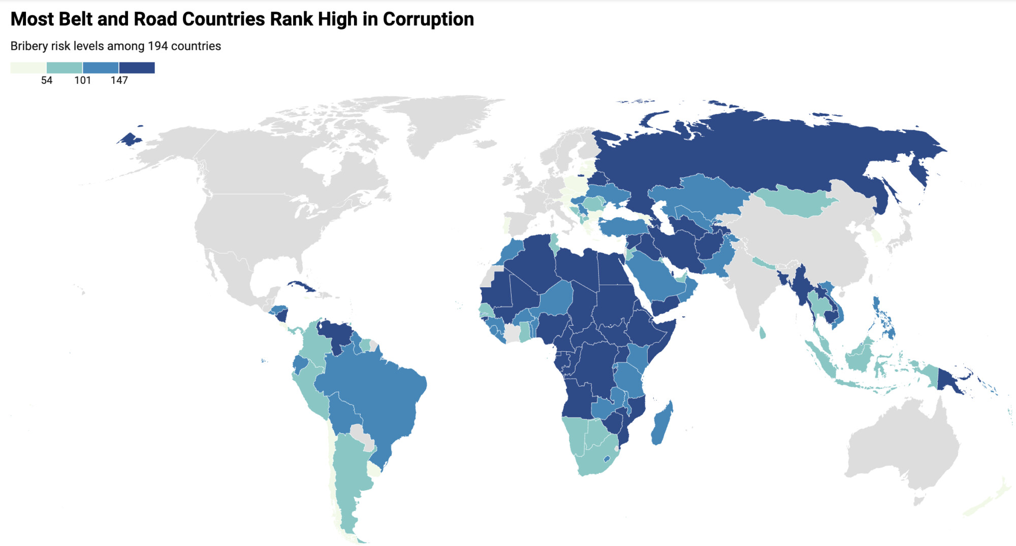 <em>Mapa: Epoch Times Fuente: <a href="https://matrixbrowser.traceinternational.org/">Matriz de riesgo de soborno TRACE 2024 y sitio web oficial de China sobre la Iniciativa de la Franja y la Ruta</a> Creado con <a href="https://www.datawrapper.de/_/nQ26m">Datawrapper</a></em>